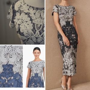 Blue and White Soutache Lace Cocktail Midi Dress